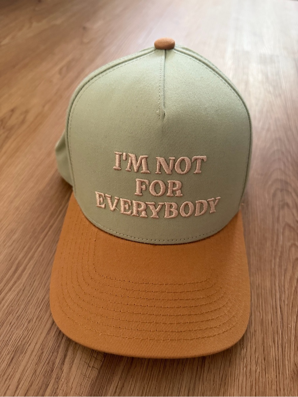 Two-Tone Sage & Tan Trucker Cap with 'I'M NOT FOR EVERYBODY' Embroidery